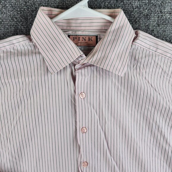 Thomas Pink Long Sleeve Button Up Shirt Men Cotton Striped Pink Slim Size 17 - Picture 1 of 14